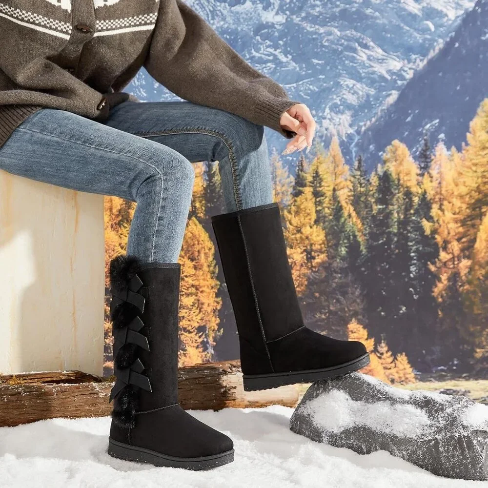 Women's Warm Mid Calf Boots Fuzzy Ladies Booties Classic Bow Tie Black